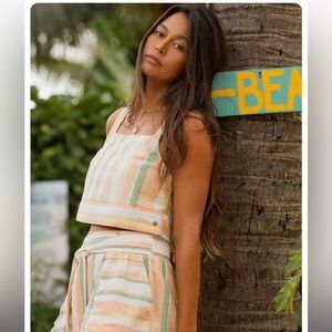 Roxy Summer Way Pastel Striped Cotton Linen Strappy Tank Top Size Medium